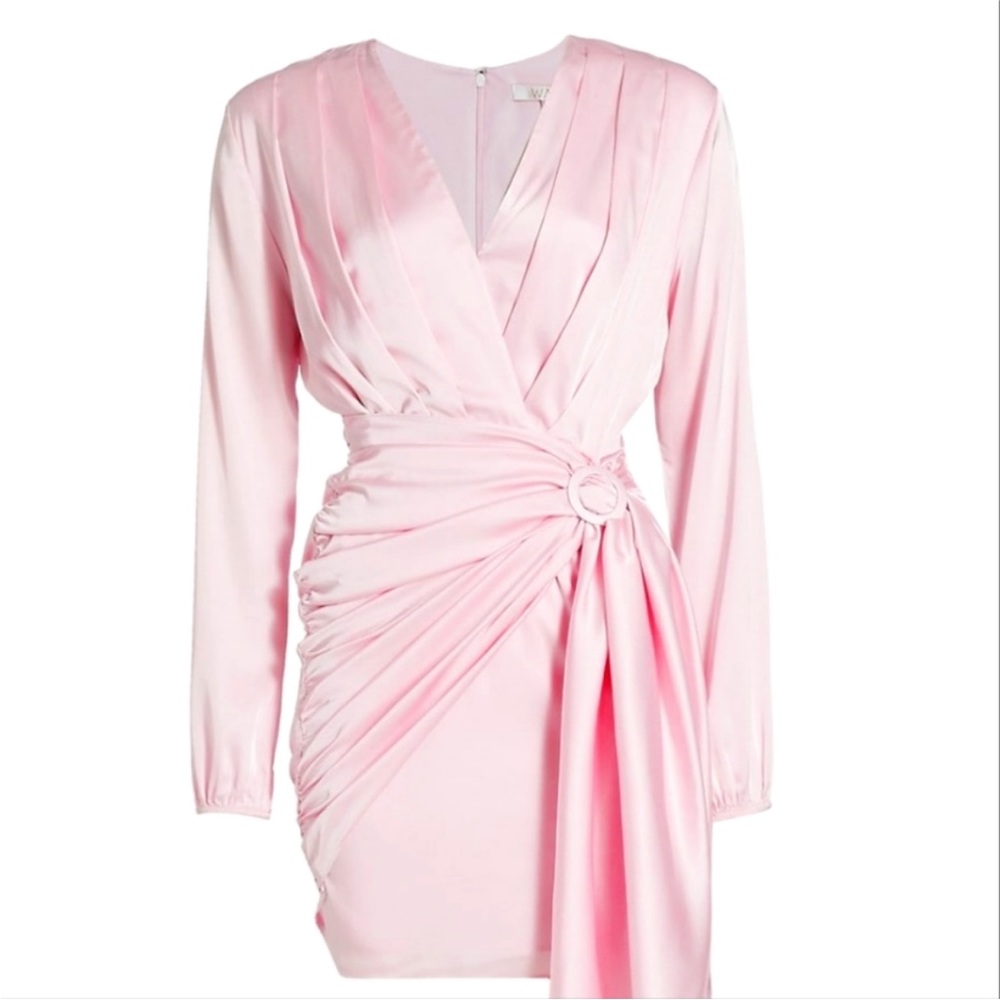 NWT Attina V-Neck Long Sleeve Cascade Drape Ruffle Ring Faux Wrap Mini Dress